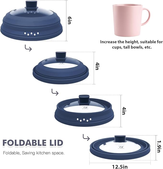 Tall Microwave Splatter Cover Glass Cover Guard Lid 6 inch Height with Collapsible Silicone for Food Pot Plate 12.5 inch Dark Blue