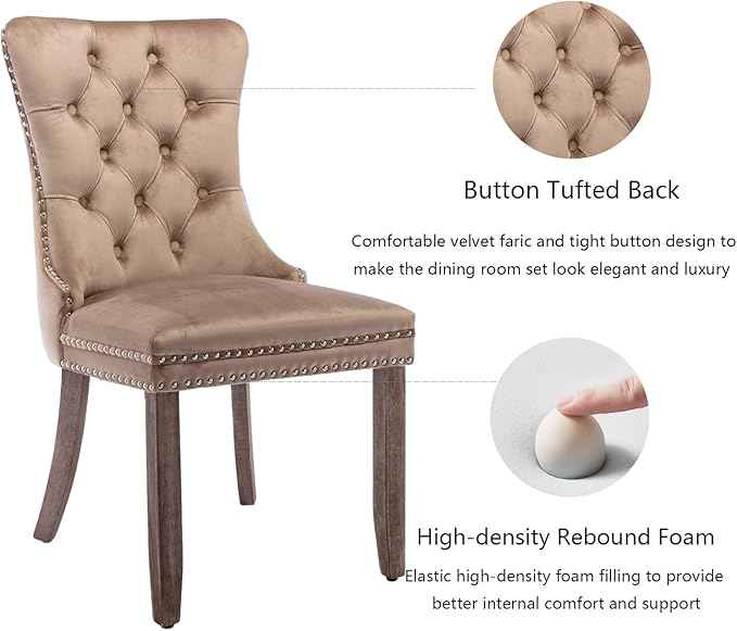 Upholstered Dining Chairs Set of 4, Velvet Dining Room Chairs with Back Ring Pull Trim and Solid Wood Legs, Tufted Wingback Kitchen Chair Perfect for Dining Room,Living Room,Kitchen(Khaki)