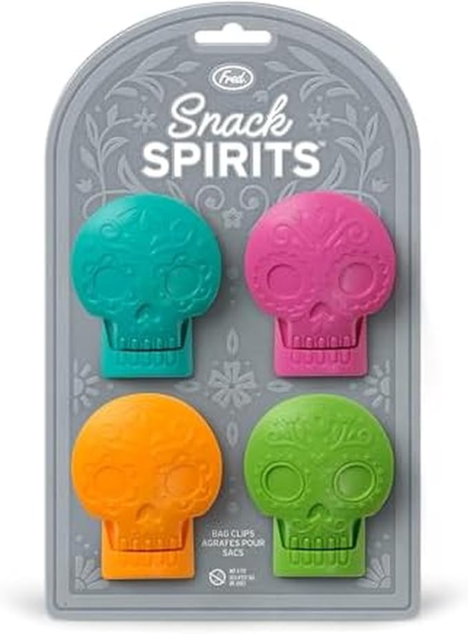 Genuine Fred SNACK SPIRITS Bag Clips, Set of 4, Molded Day of the Dead skull design, Dio de los Muertos, Colorful Calaveras, Bag Clips for food storage