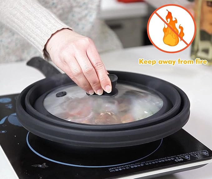 Tall Microwave Splatter Cover Glass Cover Guard Lid 5.8 inch Height with Collapsible Silicone for Food Pot Plate 10.8 inch Black