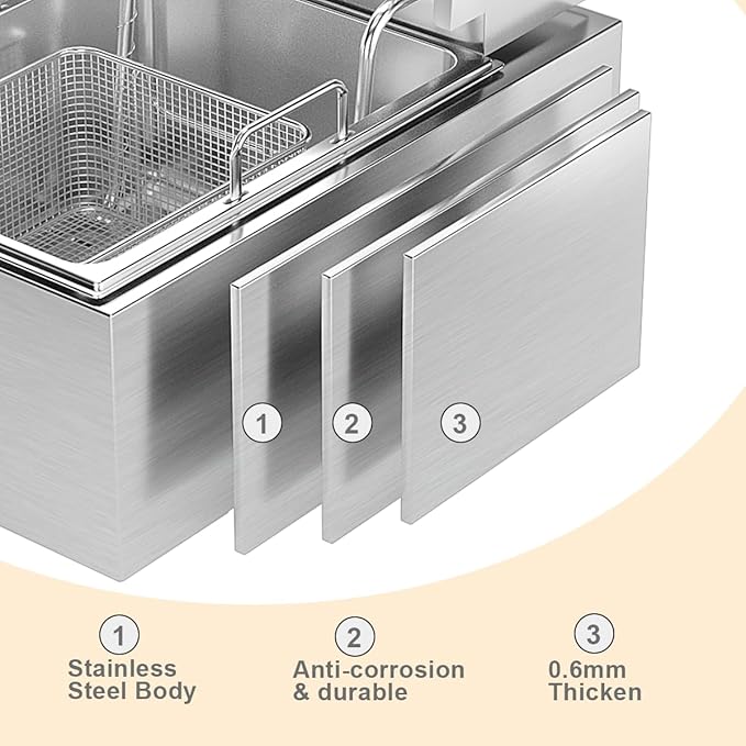 Electric Deep Fryer 10L/10.5QT Stainless Steel Single Tank Commercial Fryer with Basket, 1700W 110V Countertop Deep Fryer for Home Kitchen and Restaurant Use with Oil Thermometer & Temperature Control