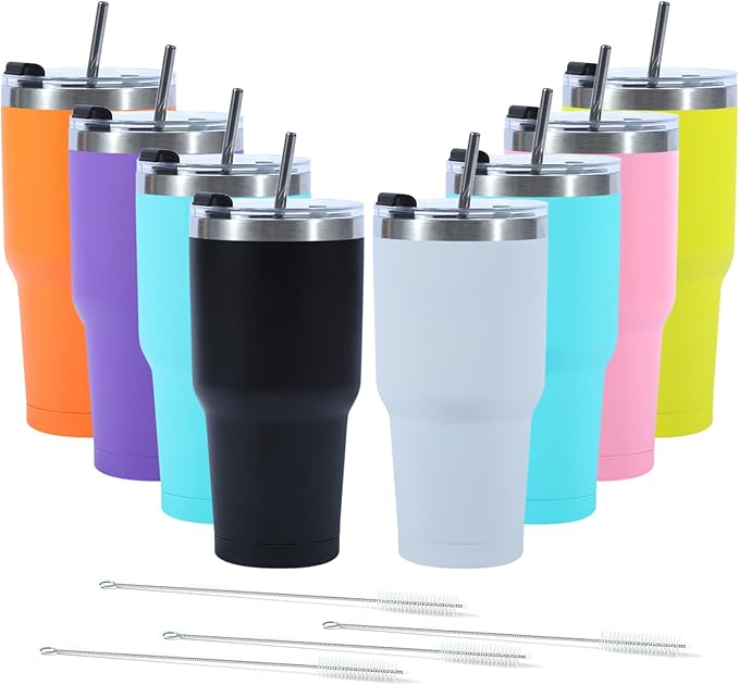8 Pack 30oz Insulated Tumbler with Lids and Straw, Stainless Steel Travel Coffee Tumbler,Powder Coated Travel Mug (Mixed color)
