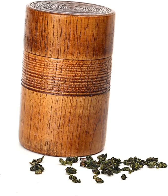 BESTOYARD Wooden Tea Canister with Sealed Lid Classical Chinese Style Round Wood Container for Tea Storage and Dry Food Organizer 4.72X2.95X2.95 Inches Ideal for Home Restaurant and House