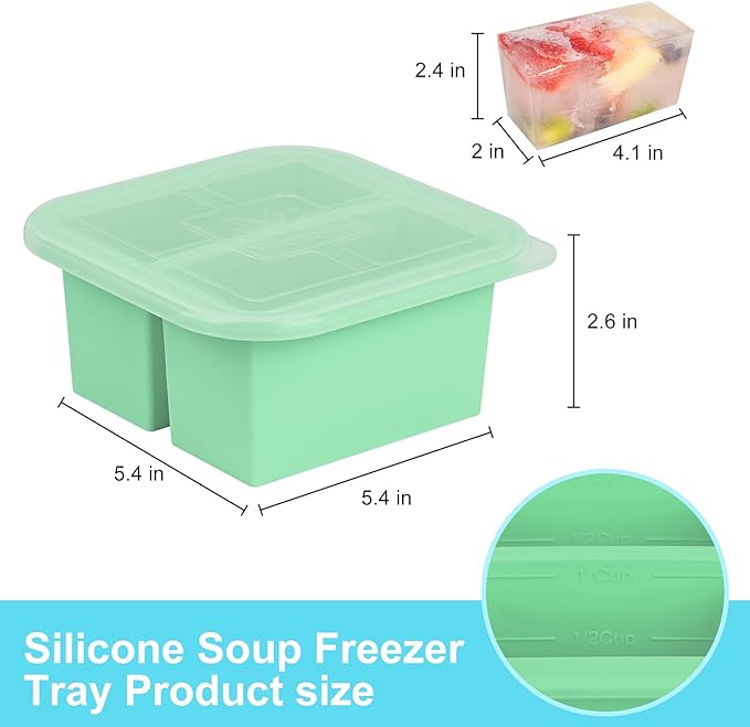 Silicone Freezer Tray with Lid 2 Pack Silicone Freezer Molds Ice Cube Tray Makes 4 Perfect 1 Cup Portions Soup Cubes Meal Prep Containers- Oven & Dishwasher Safe