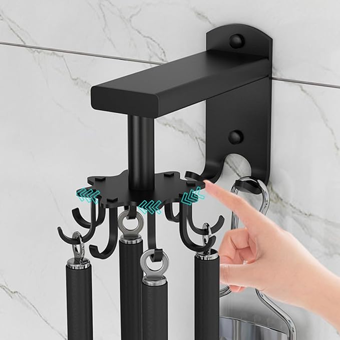 Zerodeko Rotatable 8-Claw Kitchen Utensil Hooks, Thickened Black Space Aluminum Wall Hooks for Hanging, 360° Swivel Multifunctional Hanging Organizer for Home Kitchen Storage