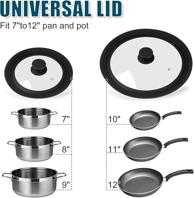 Universal Lid for Pots Pans and Skillets, 2 Pack Pan Cover fit 7", 8" 9" & 10", 11", 12" Diameter Cookware, Silicone Replacement Pan Lid Pot Lids for Frying Pans, Cast Iron,Tempered Glass Lid