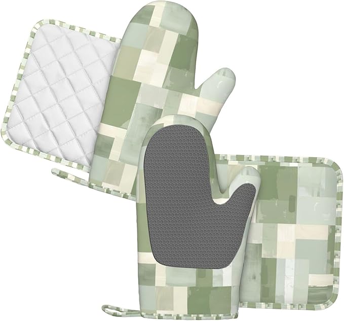 Oven Mitts and Pot Holders Set, Modern Art Pastel Green Geometric Silicone Kitchen Accessories 4 Piece Heat Resistant Long Gloves Potholder Non-Slip Grip for Chef Cooking Baking Grilling BBQ