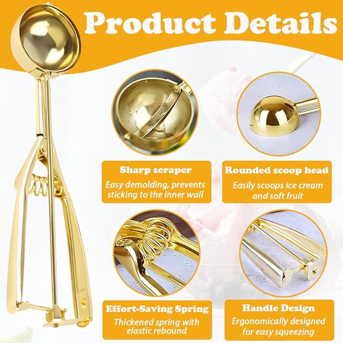 Ice Cream Scoop with Trigger Release, 304 Stainless Steel Cookie Scoops for Baking & Food Prep, Easy to Clean Dishwasher Safe Scooper for Ice Cream, Cookie Dough, Cupcakes, Fruit and Meatballs（S)