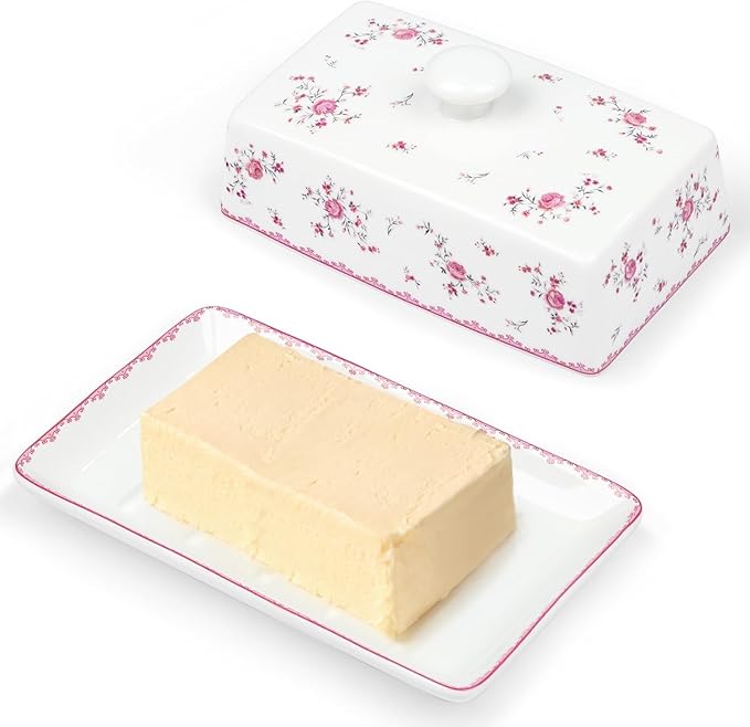 fanquare Porcelain Butter Dish with Lid, Classic Ceramic Butter Keeper with Raised Leg, Butter Dishes for Cafeteria Kitchen Countertop, Blue and White (Pink Rose)