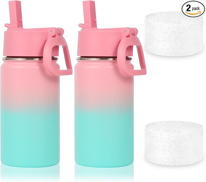 Volhoply 14oz KIds Water Bottle with Straw Lid and Silicone Boot Bulk 2 Pack,Stainless Steel Insulated Cups for Boys & Girls Multipack,Double Wall Vacuum Leakproof Bottles(Pink Green,2)