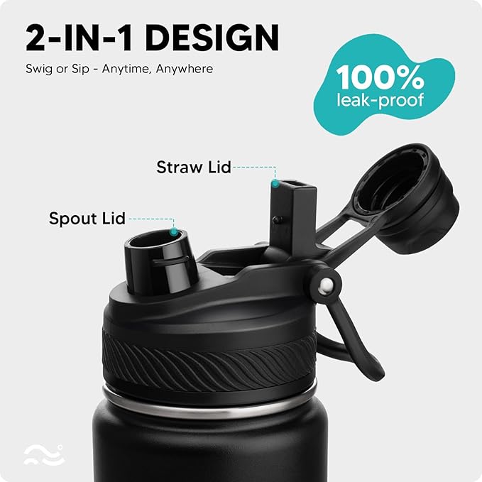 Swigina [2-IN-1 LID] Insulated Water Bottle with Silicone Boot (36hrs Cold/18hrs Hot) - DIY Stickers, Leakproof, BPA Free, 32 oz
