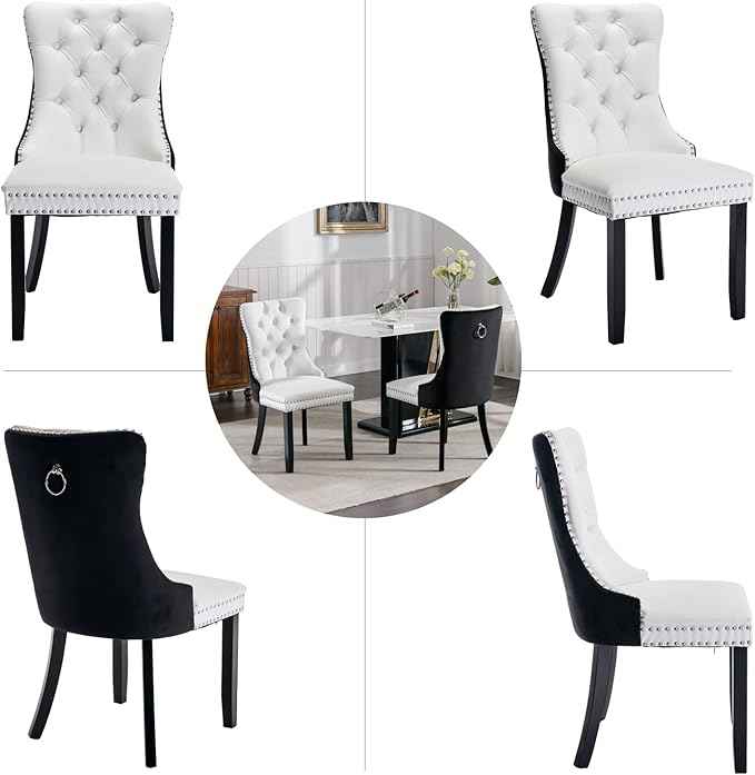 Dining Room Chairs Set of 4, Upholstered Dining Chairs with Back Ring Pull Trim and Solid Wood Legs, Modern Tufted Kitchen Chairs for Dining Room, White Pu Leather Splicing Black Velvet