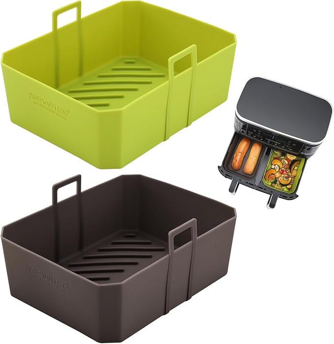 NEWITEE Silicone Air Fryer Liners 10QT For Ninja DZ550/DZ401, 2 Pack BPA Free Platinum Silicone Air Fryer Basket Liner with Handle, Rectangle Dual Basket Air Liners, Upgraded