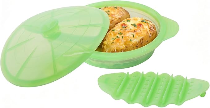Microwave Steamer Cooker Collapsible Bowl Silicone Cookware Baked Potato with Handle Lid for Vegetables Fish Prep Meal Food with Removable Rack BPA Free Easy to Store Freezer Dishwasher Safe Green