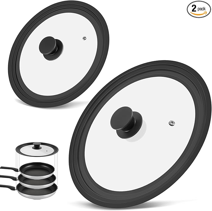 Universal Lid for Pots Pans and Skillets, 2 Pack Pan Cover fit 9", 9.5", 10" & 11", 12", 13" Diameter Cookware, Silicone Replacement Pan Lid Pot Lids for Frying Pans, Cast Iron,Tempered Glass Lid