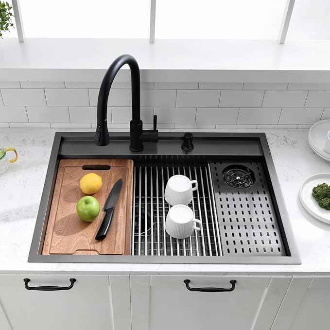 30 Inch Black Drop In Kitchen Sink Workstation with Glass Rinser -VOKIM 30x22 Drop In sink Workstation Stainless Steel 16 Gauge Deep Single Bowl Kitchen Sink