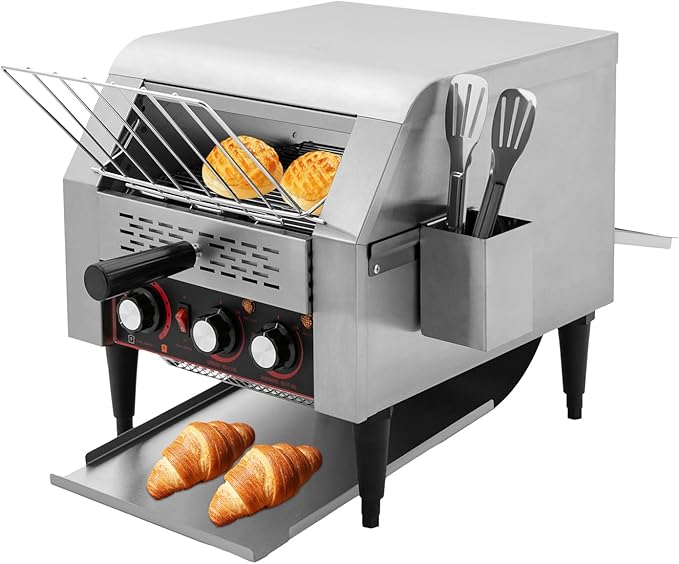Commercial Conveyor Toaster 300 Slices/Hour 1900W Heavy Duty Industrial Stainless Steel Electric Restaurant Toaster Oven with Selectable Heating Modes and 7 Speeds for Bagel Bread Restaurant Cafe