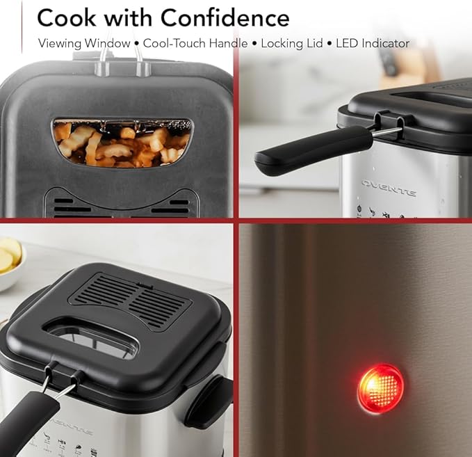 OVENTE Electric Deep Fryer, 1.5L Capacity, 800W with Adjustable Temperature, Viewing Window Lid, Removable Frying Basket & Cool-Touch Handles, Stainless Steel Countertop Fryer, Silver FDM1501BR