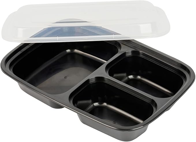 Restaurantware Asporto 26 Ounce Compartment Take Out Boxes 100 Microwavable Meal Prep Containers - 3 Compartments With Clear Plastic Lids Black Plastic Food Containers Do Not Contain BPA