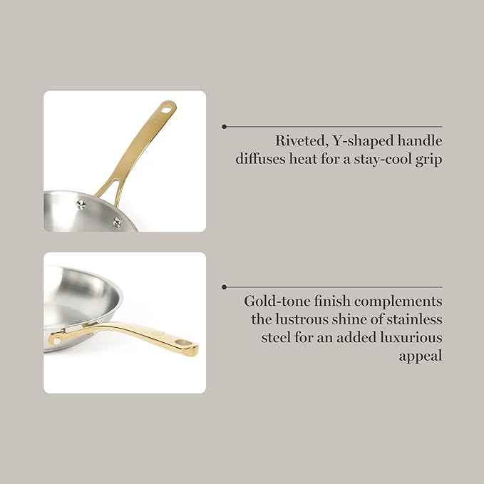 Martha Stewart Castelle 12-Inch Stainless Steel Frying Pan with Gold-Tone Handle – Tri-Ply Encapsulated Bottom, Oven Safe & Induction Safe Skillet for Searing and Sautéing