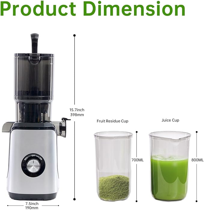 Cold Press Juicer, 92% High Nutrient Retention Slow Masticating Juicer with Wide 4.25" Chute & Reverse Function, Low Heat Oxidation, Easy Clean Quiet Motor, Silver