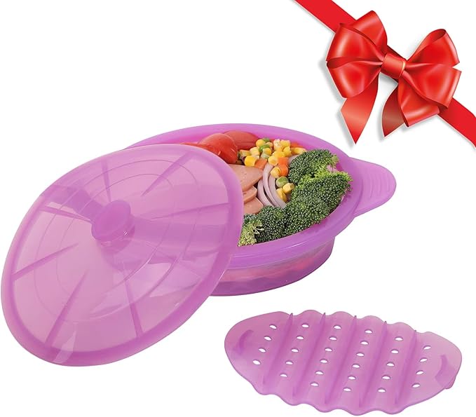 Microwave Steamer Cooker Collapsible Bowl-Silicone Steamer Cookware with Handle Lid for Vegetables Fish Prep Meal Food with Removable Rack BPA Free, Easy to Store, Freezer & Dishwasher Safe, Purple