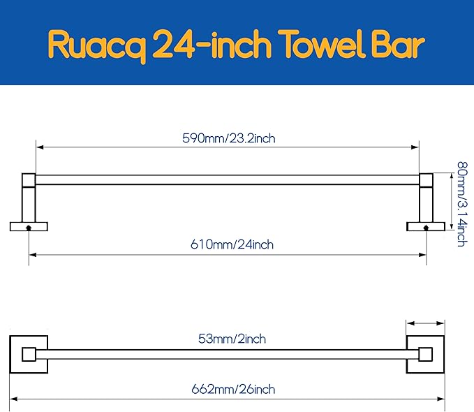 RUACQ Chrome Towel Bar 24 inch, 304 Stainless Steel Towel Racks for Bathroom Wall Mounted, Heavy Duty Bath Towel Rod with Square Base(Chrome)