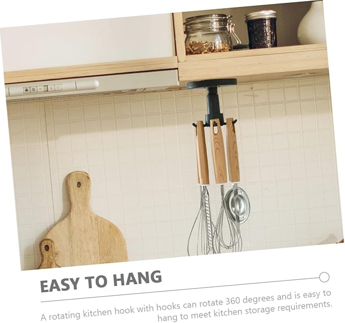 3pcs No-Nail Kitchen Utensil Hooks Rotatable Black Hanging Storage Organizer Under Cabinet Multi-Functional Wall Mounted Holder for Cooking Tools