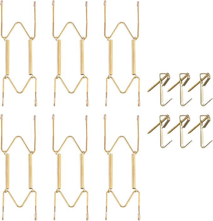 Bilillo 6 Pieces Invisible Heavy Duty Plate Holder, Stainless Steel Plate Hangers for The Wall, Plate Hangers for Display with Wall Hooks, Suitable for 6-8 inch Decorative Plattes and Arts (Gold)