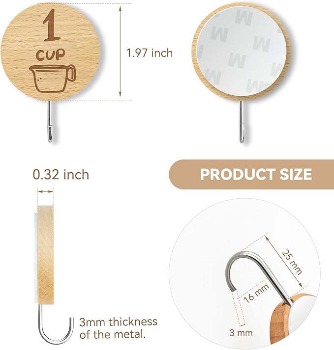 Measuring Cup and Spoon Organizer, 24 Pack Adhesive Wood Hooks for Hanging with 12 Kitchen Conversion Chart Stickers, Kitchen Hooks for Space Saving Storage