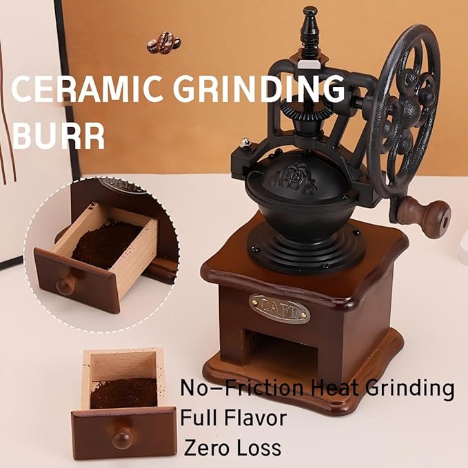 Wooden Manual Coffee Grinder Vintage Style Hand Coffee Mill Burr Coffee Grinder with Ceramic Hand Crank,Wooden Manual Coffee Grinder Cleaning Brush(Brown Ferris wheel style）
