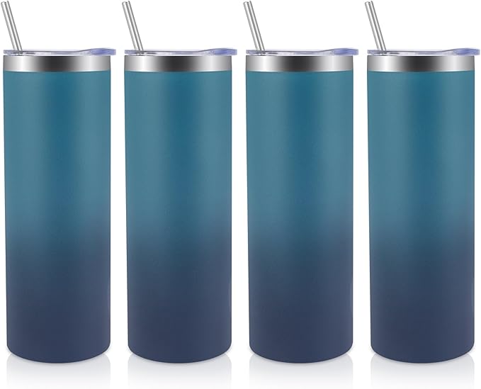 Volhoply 4 Pack Skinny Tumblers with Lid and Straw, 20oz Stainless Steel Straight Tumbler Bulk, Vacuum Insulated Coffee Mug for Home, Office, Travel, DIY (Dark Night,4 Pack)