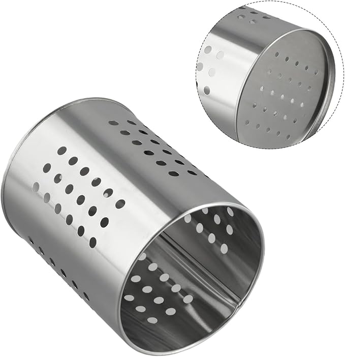 FABULETTA Stainless Steel Utensil Holder for Kitchen Countertop, Cutlery Drainer Rack with Drain Hole, Rust-Resistant Vertical Organizer Stand for Spoons and(Silver Small)