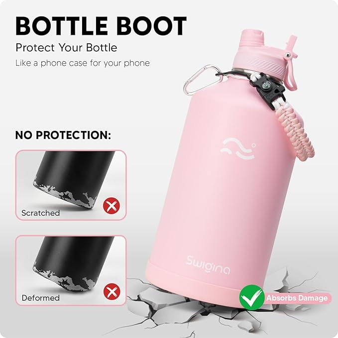 Swigina [2-IN-1 LID] Gallon Insulated Water Bottle with Silicone Boot (48hrs Cold/24hrs Hot) - DIY Stickers, Leakproof, BPA Free, 128 oz