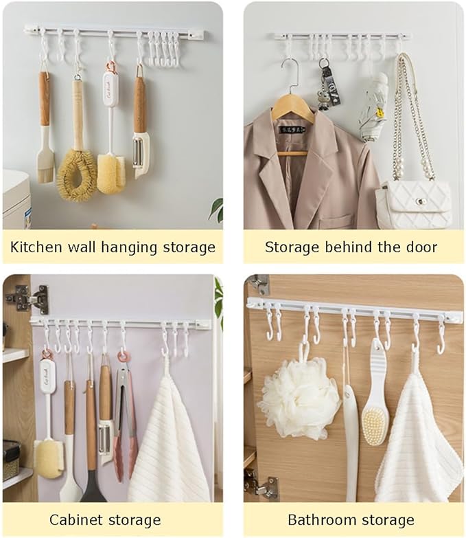 Utility Slide Rail Hook,Under Cabinet Kitchen No Punching Hooks for Hanging Utensil,Bathroom Bedroom Office Wall Door Rack with 10 Hooks,15.7 and 11.8 Inches,2Pieces