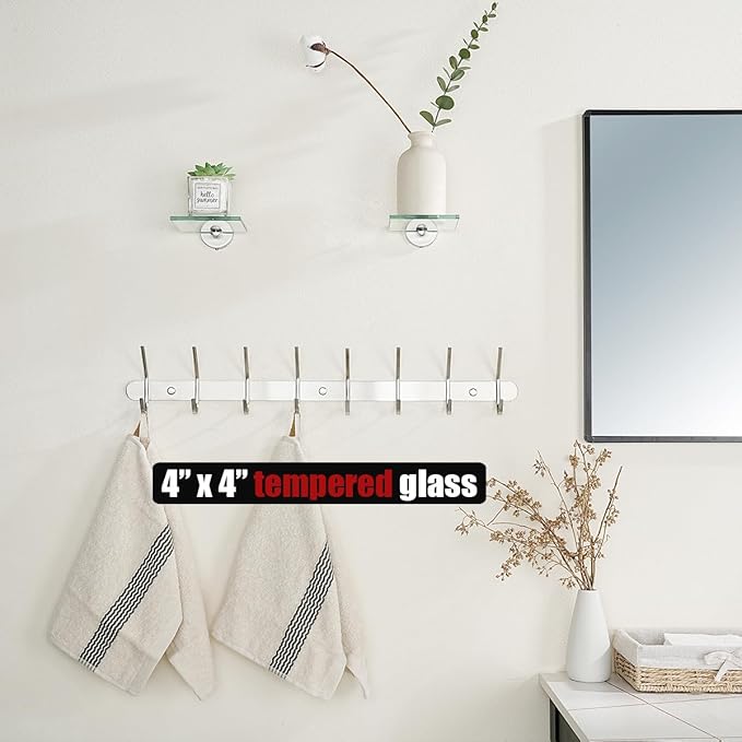 JQK Small Floating Glass Shelves Brushed, 4 Inch Display Ledges for Wall, Mini Decor, Living Room Bedroom Bathroom, Tempered Glass Shower Storage, 2 Pack, TGS101L4-BN-P2