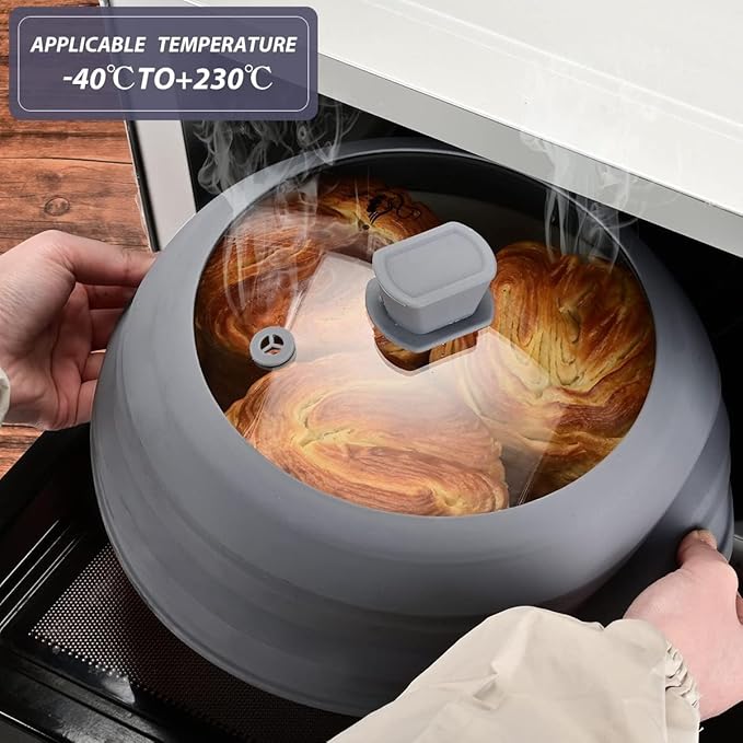 Microwave Splatter Cover Glass Cover Guard Lid with Collapsible Silicone for Food Pot Plate Cover 9.8 inch Light Grey