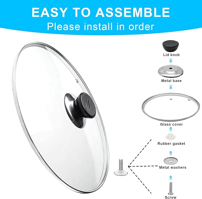 Glass Lid for Frying Pan Tempered Glass Pot Lid with Stainless Steel Rim for 12 Inch Frying Pan Wok Pot Skillet (12 Inch)