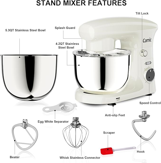 Camic Stand Mixer, 4.2QT+5.3QT Two bowls Electric Food Mixer, 10 Speeds with Digital setting 3-IN-1 Kitchen Mixer for Baking Cakes Cookie Bread Salad with Egg Whisk,Dough Hook,Flat Beater (White)