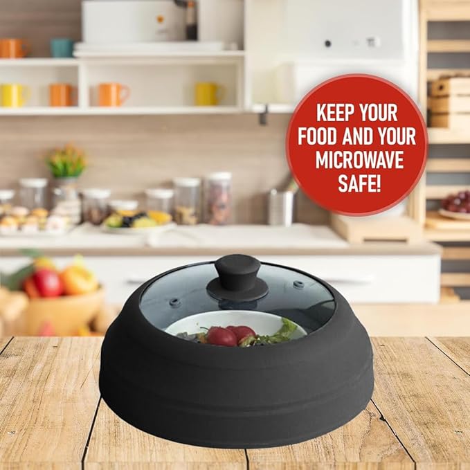 Microwave Splatter Cover Glass for Food - Large 10.8" Tempered Glass & Silicone Lid, Heat Resistant, Splatter Guard with Easy-Grip Handle (Black)