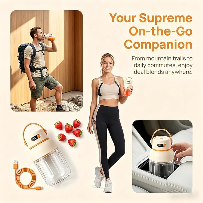 Portable Electric Juicer Cup with Zero Cord Hassle, 33 Oz Cordless Personal Juicer Cup, Digital Display Portable Juicers Blender with Stainless Steel Blades, USB-C (orange-1200ml)