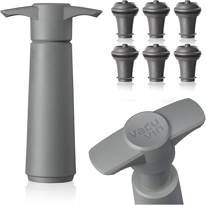Vacu Vin Wine Saver Pump Gray with Vacuum Wine Stopper - Keep Your Wine Fresh for up to 10 Days - 1 Pump 6 Stoppers - Reusable - Made in the Netherlands
