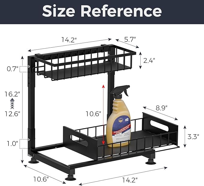 L-Shaped Under Sink Organizer, 2-Tier Pull Out Metal Kitchen Cabinet Organizer with Sliding Storage Drawer, Height Adjustable Heavy Duty Under Bathroom Sink Storage for Cleaning Supplies 1 Pack