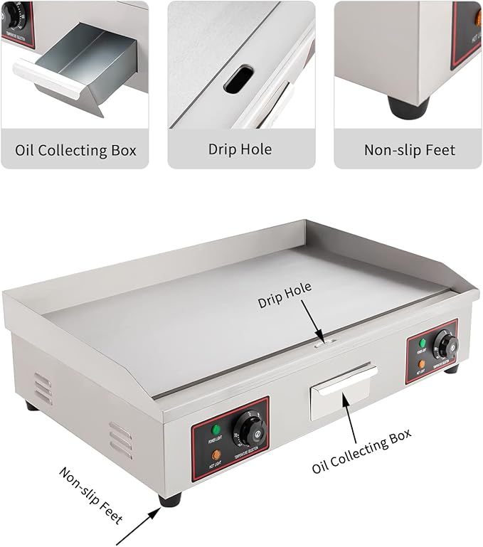 Commercial Electric Griddle, 30" 3000W Electric Countertop Flat Top Griddle Grill, Non-Stick Stainless Steel Teppanyaki Grill, Adjustable Temperature Control 122-572℉ (No Plug)