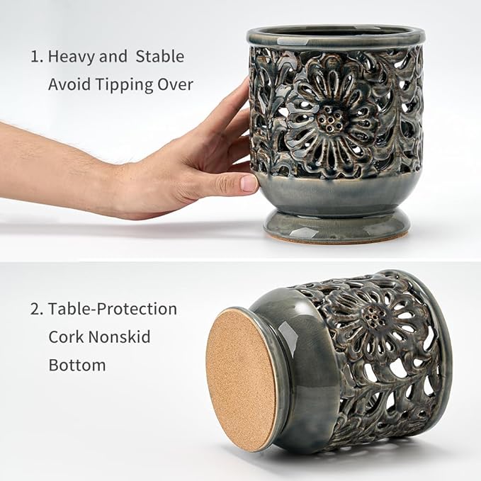Farmhouse Kitchen Utensil Holder for Countertop, Ceramic Large Cooking Utensil Crock with Cork Mat, Decorative Rustic Utensil Holder for Kitchen Counter, Hollow Carving Flower, Gray