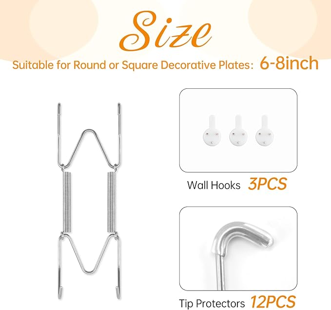 3 Pack Plate Hangers for The Wall, Suitable for 6-8 inch Art Plate, Stainless Steel Invisible Heavy Duty Wire Plate Holder with Wall Hooks, Plate Hangers for Displaying Plates, Platter, Dish, Silver