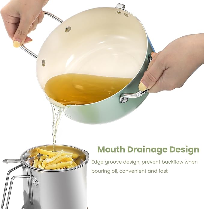 ZOOFOX Deep Fryer Pot with Thermometer, Japanese Frying Pot with Lid and Oil Drain Rack, Non-stick Tempura Fryer Pan for Kitchen French Fries, Chicken, Seafood