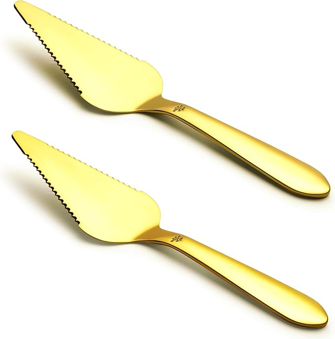Eisinly Cake Pie Server Set for Wedding, Elegant Pizza Slicer Server Set with Stainless Steel Big Serrated Edges, Cake Cutter Pie Spatula for Birthday Anniversary, 2 Pcs, Gold