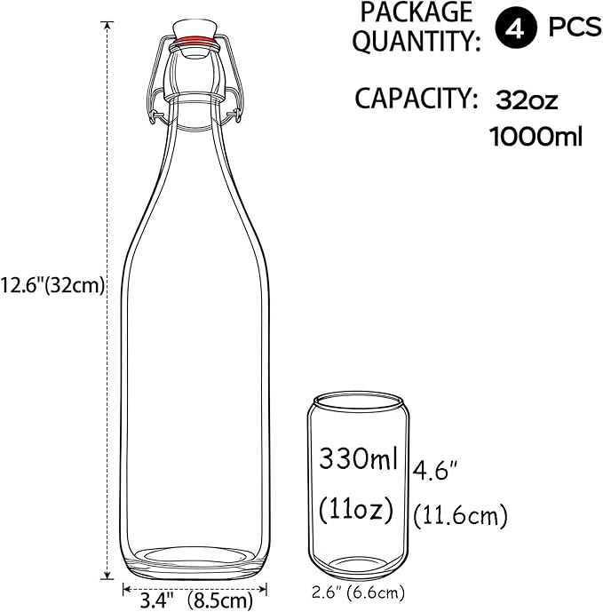 ZEBEIYU 32oz Beer Bottle,Swing Top Glass Kombucha Bottles with Stoppers for Brewing, Beverages, Smoothies, Kefir, Beer, Soda, Juicing, Kombucha, Oil, Water, Milk, Vinegar(4 Pack)