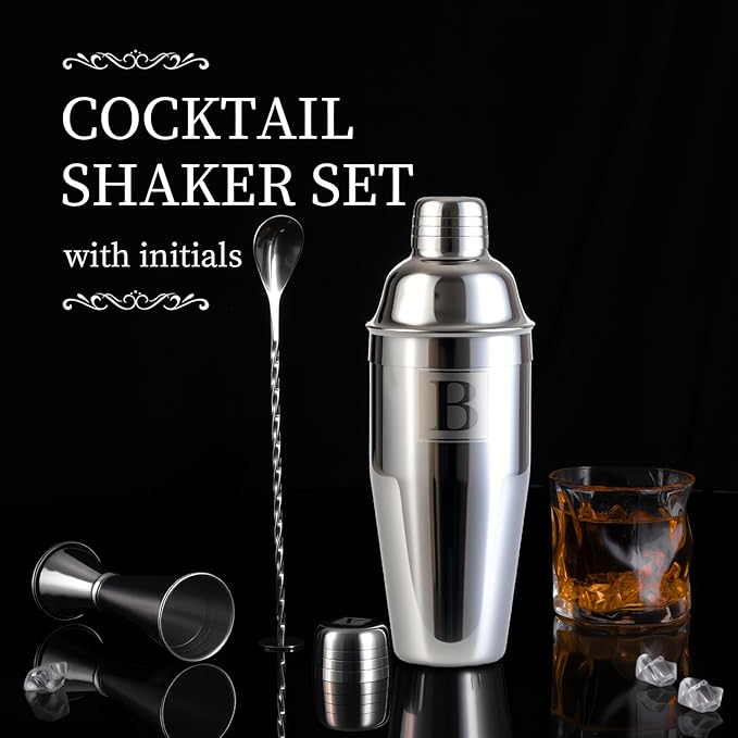 24oz Cocktail Shaker Set with 1 oz 2oz Jigger - Monogramm Initials Martini Shaker Set - 304 Stainless Steel Bar Shaker for Margarita,Mojito-Personalized Gift for Friend,Husband-H